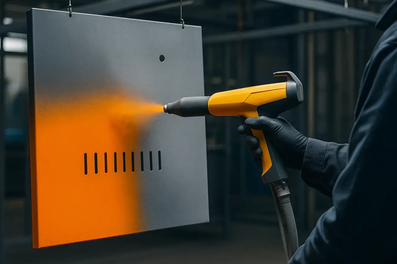 Pulverbeschichtung eines Metallblechs – elektrostatische Applikation
